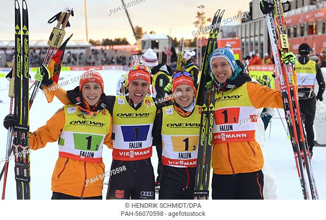 Eric Frenzel, Johannes Rydzek, Fabian Riessle, Tino Edelmann (L-R) of Germany celebrate after winning the Nordic Combined Individual Normal Hill / Team...