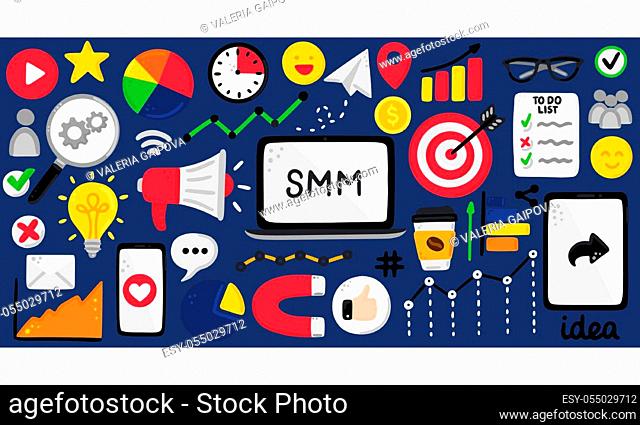Vector background with smm elements. Social Media Marketing. Reach and promotion among target audience. Landing page, banner, mailing, presentation, header