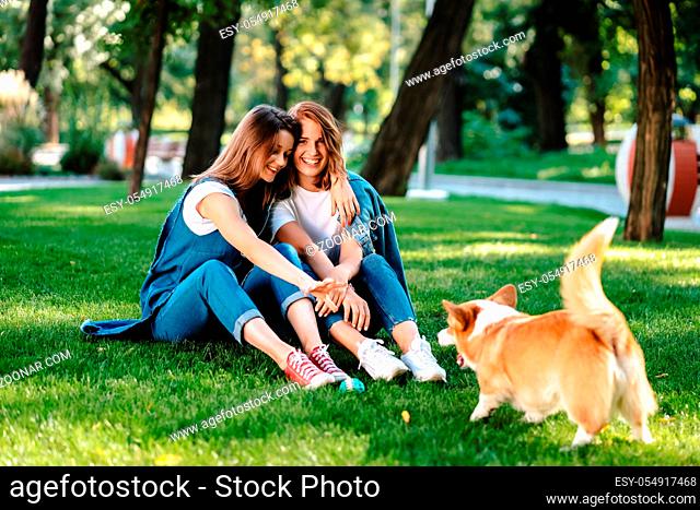 Two female friend in the park at lawn play with little dog