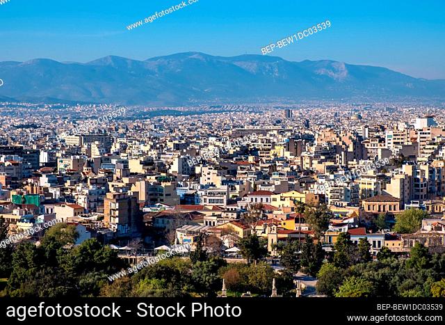 Athens, Attica / Greece - 2018/03/30: Panoramic view of metropolitan Athens with northern districts and suburban areas seen from Acropolis hill