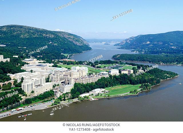 Aerial view of United States Military Academy buildings of West Point on riverside of Hudson river, New York state, Usa