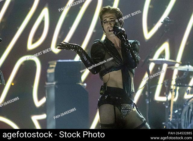 Damiano David of Maneskin performs at the 2021 MTV EMAs, Europe Music Awards, at Papp Laszlo Budapest Sports Arena in Budapest, Hungary, on 14 November 2021