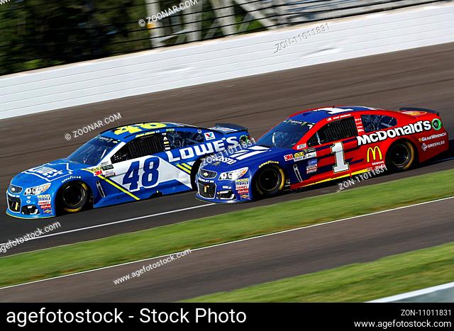 July 23, 2017 - Speedway, IN, USA: Jimmie Johnson (48) and Jamie McMurray (1) battle for position during the Brantley Gilbert Big Machine Brickyard 400 at...