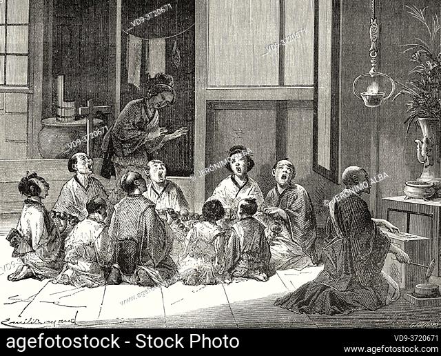 The large family saying the rosary, Japan. Old 19th century engraved illustration Travel to Japan by Aime Humbert from El Mundo en La Mano 1879