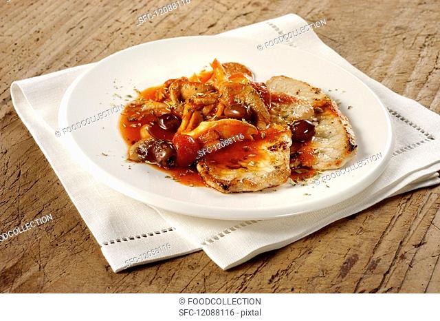 Pork escalopes with olive & tomato sauce