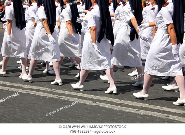 2nd June 2013 - Red Cross nurses marching past the Theatre of Marcellus at the Italian Republic Day parade in rome italy