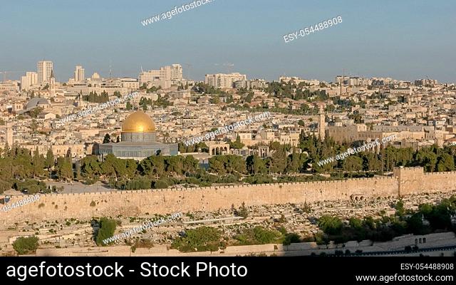 temple mount and dome of the rock wide view from the mt olives in jerusalem, israel
