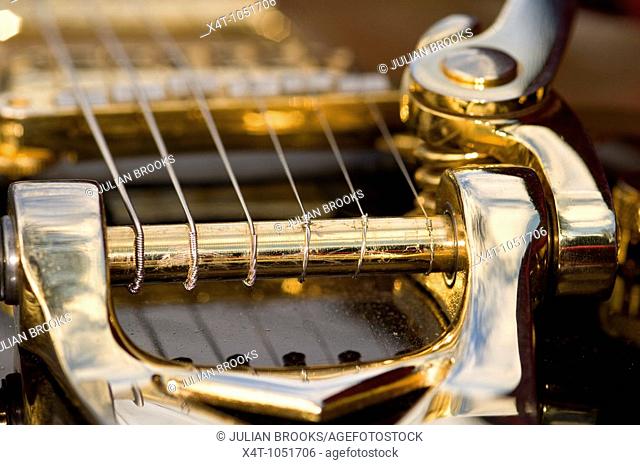 close up showing the string attachment on an electric guitar Gretsch  Also shows attachment of the tremolo arm