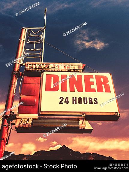 Retro Vintage Image Of Old Motel And Diner Sign In Small Town USA