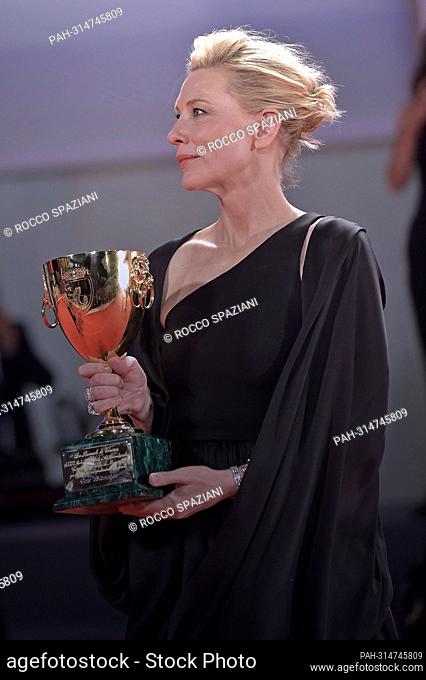 VENICE, ITALY - SEPTEMBER 10: Cate Blanchett poses with the Coppa Volpi for Best Actress for ""Tar"" during the award winners photocall at the 79th Venice...
