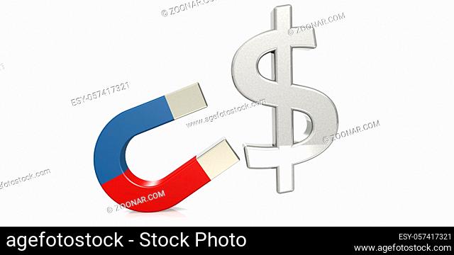 Horseshoe magnet attract dollar sign, 3D rendering