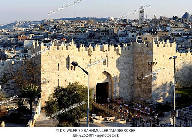 Damascus Gate with city walls, Old City, Jerusalem, from Paulus guest house, Israel, Middle East