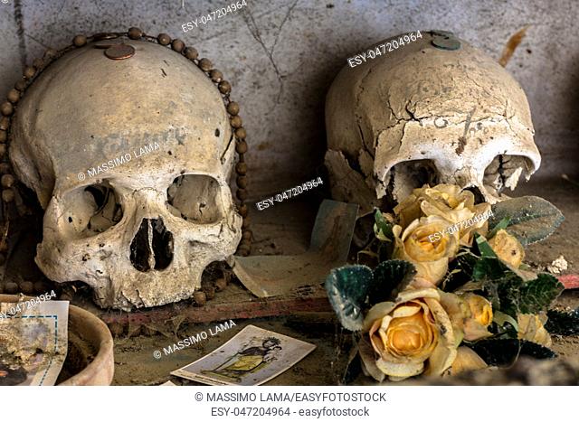 Skulls in Fontanel cemetery, in the ancient Naples