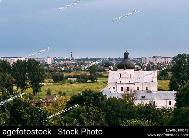 Mahiliou, Belarus. Mogilev Summer Cityscape With Famous Landmarks - Church of Saints Boris and Gleb, and Church of the Exaltation of the Holy Cross