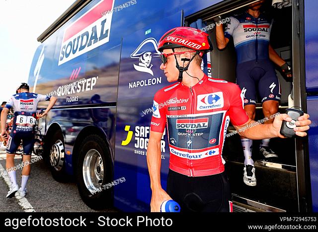 Belgian Remco Evenepoel of Soudal Quick-Step wearing the red jersey for leader in the overall ranking, pictured ahead of th start of stage 5 of the 2023 edition...