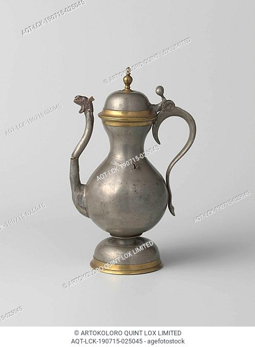 Tin jug with copper frame, Tin jug. The high base with copper frame on the lower edge supports the baluster-shaped body. The lip edge is made of copper