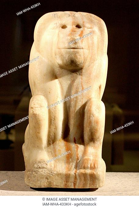 Seated figure of a baboon with the cartouche of king Narmer 3000 years BC. calcite-Alabaster
