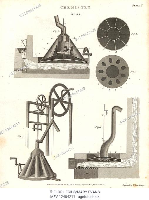 Elevations and sections through an industrial still. Copperplate engraving by Wilson Lowry from Abraham Rees' Cyclopedia or Universal Dictionary of Arts