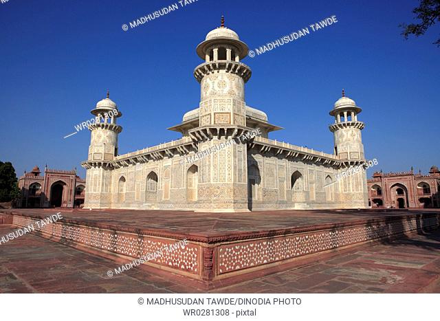 Itimad-ud-Daula tomb mausoleum of white marble built by Mughal emperor , Agra , Uttar Pradesh , India