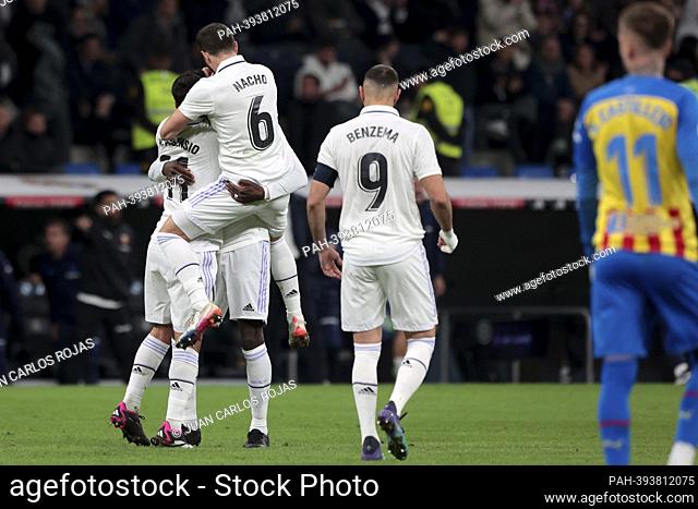 Madrid Spain; 02.02.2023.- Real Madrid player Marco Asensio celebrates his goal with his teammates. Real Madrid vs. Valencia FC