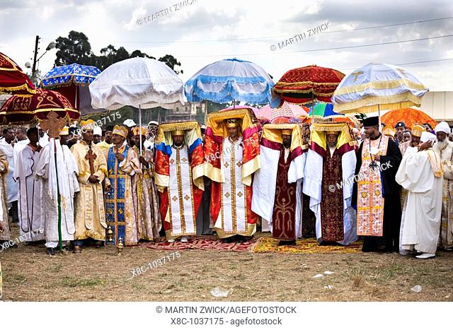 priests with tabot on their head  Timkat ceremony of the ethiopian orthodox church in Addis Ababa  timkat or Epiphany is the biggest church cerimony of the...