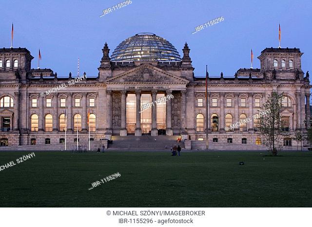 Reichstag parliament building with glass dome and West Portal seen from the large lawn, Platz der Republik square, Berlin, Germany, Europe