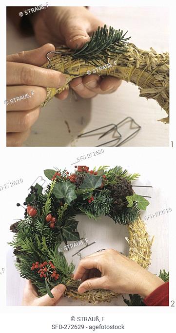 Making a wreath: Nordmann fir, vines