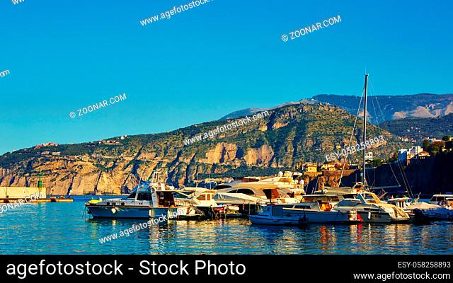 Sorrento, Italy - November 7, 2013: Elevated view of Sorrento and Bay of Naples. Sorrento is one of the towns of the Amalfi Coast