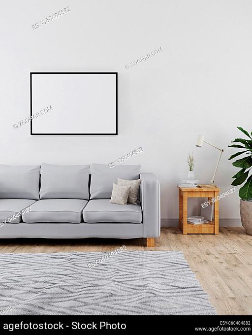 Horizontal picture frame mockup in modern and minimalist interior of living room with sofa, white wall and wooden floor with grey carpet