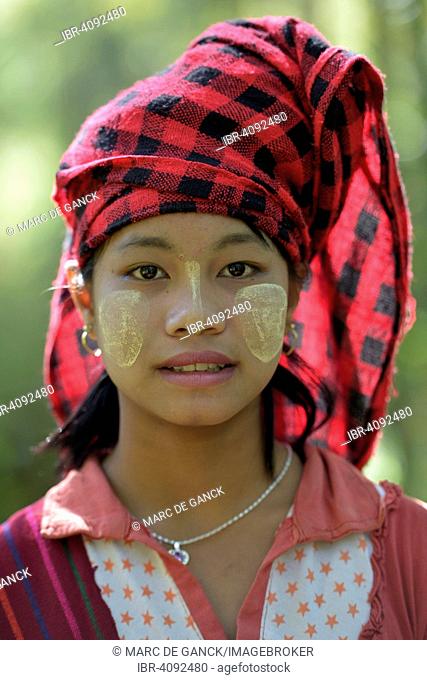 Palaung woman with thanaka on her face, Shan State, Myanmar