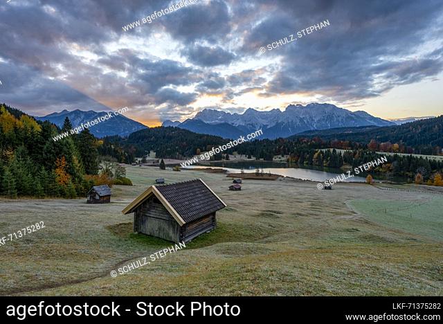 Sunrise at Geroldsee with Karwendel Mountains, Klais, Werdenfelser Land, Bavaria, Germany