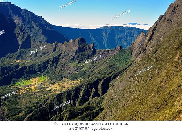 Aerial view of Mafate and the village of Marla, Cirque of Mafate, Reunion Island, French overseas department, France, Indian Ocean