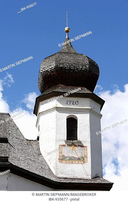 Sundial on a church built in 1720, in Wamberg, Werdenfelser Land, Baveria, Germany, Europe
