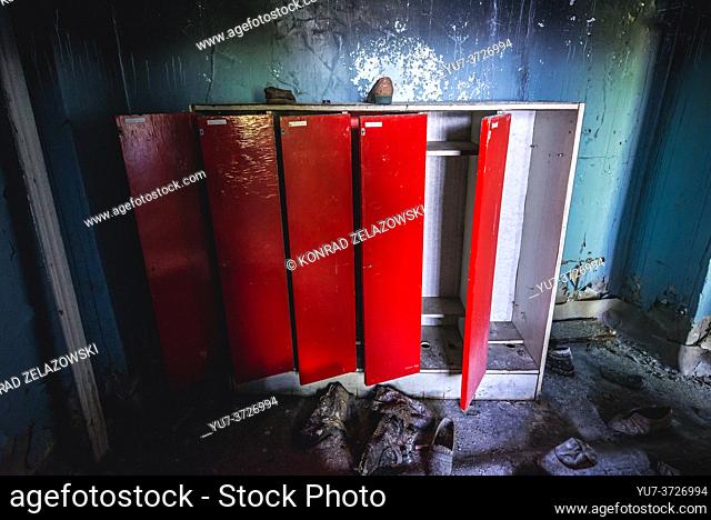 Lockers in abandoned Jupiter Factory in Pripyat ghost town of Chernobyl Nuclear Power Plant Zone of Alienation in Ukraine