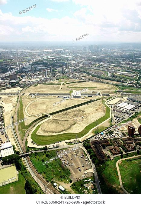 Aerial view of the Olympic Park for the 2012 Olympic Games, Stratford, London. Aerial images taken 22nd of June 2007. A quarter of the derelict site which is...