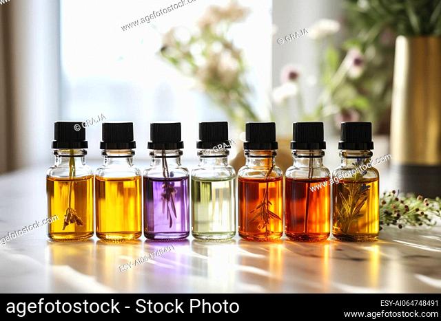 Essential oils in a small bottles with a natural ingredients. Selection of essential oils on a table in a bright room. AI generated