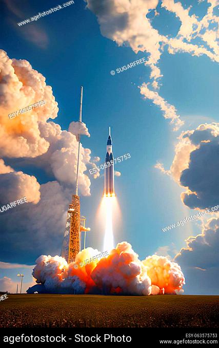 Illustration of launching starship. Space travel, exploration, future concept. AI generated image