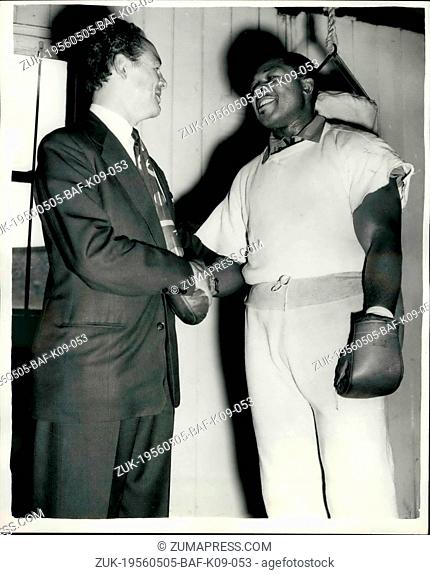May 05, 1956 - Archie Moore meets Jack (kid) Berg at his training quarters.: Archie Moore, the world light-heavyweight champion