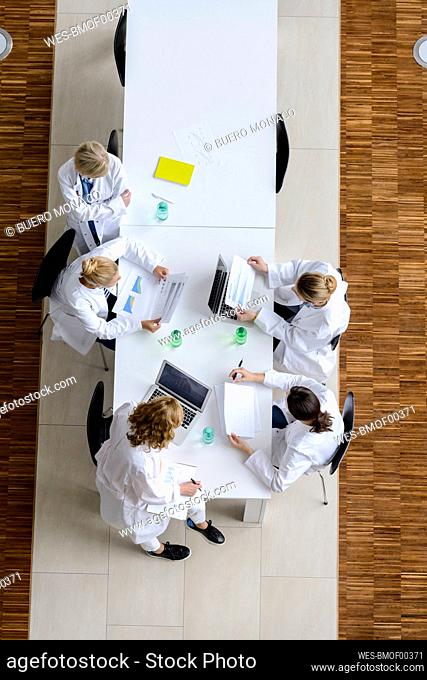 Female doctors reading papers in a meeting in conference room