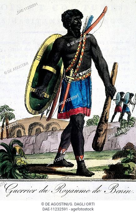 Warrior from Benin Africa, engraving from Travelling encyclopaedia, 1795, by Jacques Grasset de Saint-Sauveur (1757-1810). France, 18th century
