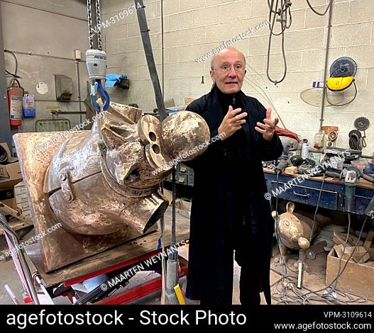 Cartoonis Philippe Geluck¿ pictured during a visit to the workshop Fonderie Van Geert, where sculptures of comic book character Le Chat are made, in Aalst