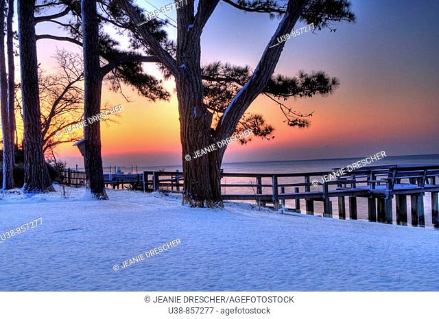 Snowy sunrise on the Albemarle Sound, North Carolina, USA