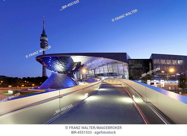 BMW World with television tower at the Olympiazentrum, Mittleren Ring, Munich, Upper Bavaria, Germany