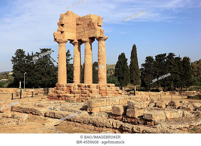Remains of theTemple of the Dioscuri, Tempio di Dioscuri, ancient city of Akragas, Valley of the Temples, Agrigento, Sicily, Italy