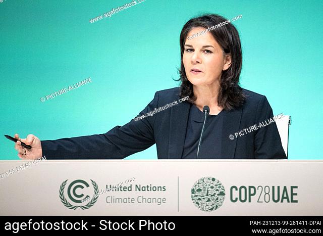 13 December 2023, United Arab Emirates, Dubai: Annalena Baerbock (Alliance 90/The Greens), Federal Foreign Minister, speaks at a press conference