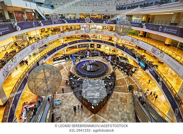 Interior of the Afimall City, upscale shopping mall at the Moscow International Business Centre (MIBC). Moscow, Russia