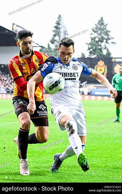 Mechelen's Sandy Walsh and Club's Ferran Jutgla pictured in action during a soccer match between KV Mechelen and Club Brugge KV Sunday 10 December 2023 in...
