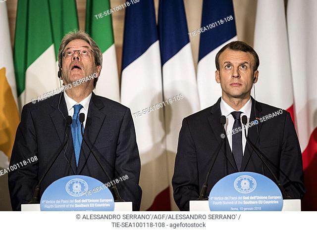 Italian Prime Minister Paolo Gentiloni, French President Emmanuel Macron during the Southern European Countries Summit EuroMed 7 in Rome at Villa madama