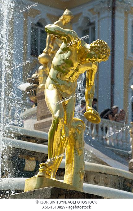 Golden antique figure of Grand Cascade fountain of Peterhof Palace  St Petersburg, Russia