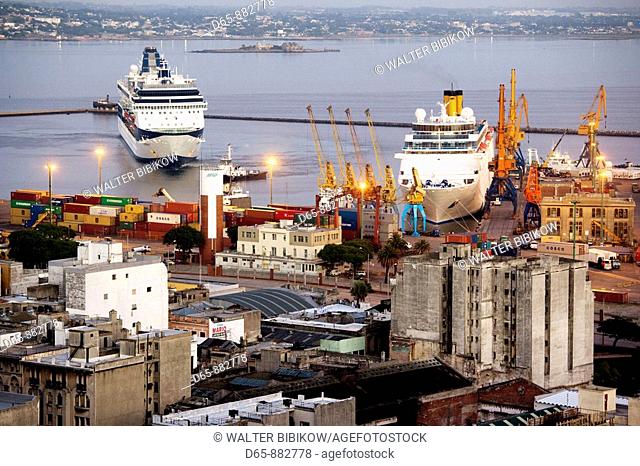 Cruiseship in port, aerial at dawn, Montevideo, Uruguay